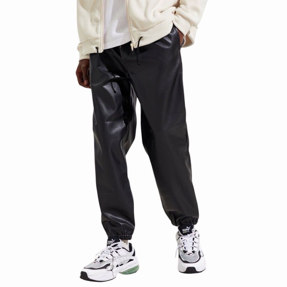 UO Xander Faux Leather Jogger Pants M Black Pull On Drawstring Tapered Cuff Fit